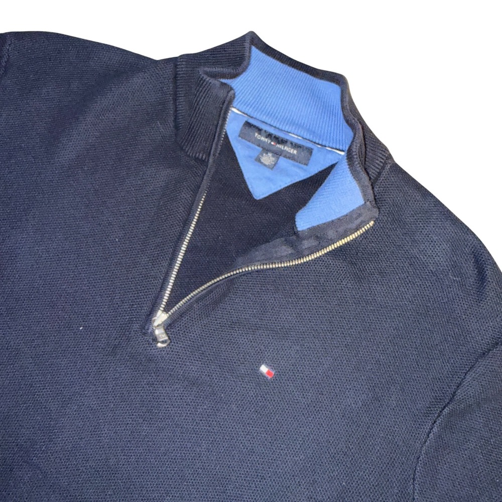 Tommy Hilfiger Quarter Zip Sweater XL Navy Blue Waffle Knit Mock Neck Pullover